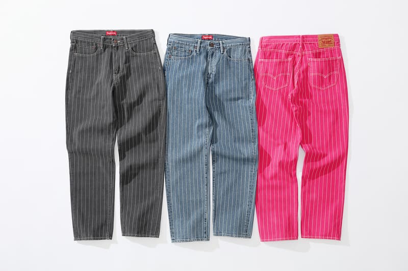 supreme levi's spring 2018 denim collection black pink dark grey blue white pinstripe stonewashed 550 jeans