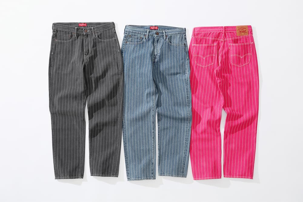 supreme levi's spring 2018 denim collection black pink dark grey blue white pinstripe stonewashed 550 jeans