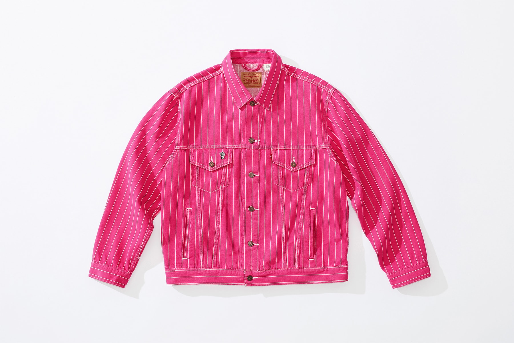 supreme levi's spring 2018 denim collection pink white pinstripe denim jacket stonewashed