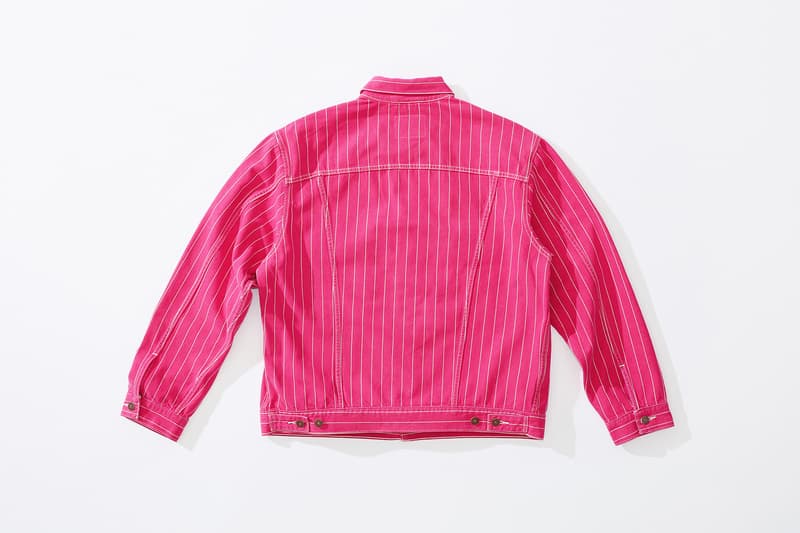 supreme levi's spring 2018 denim collection pink white pinstripe denim jacket stonewashed reverse back