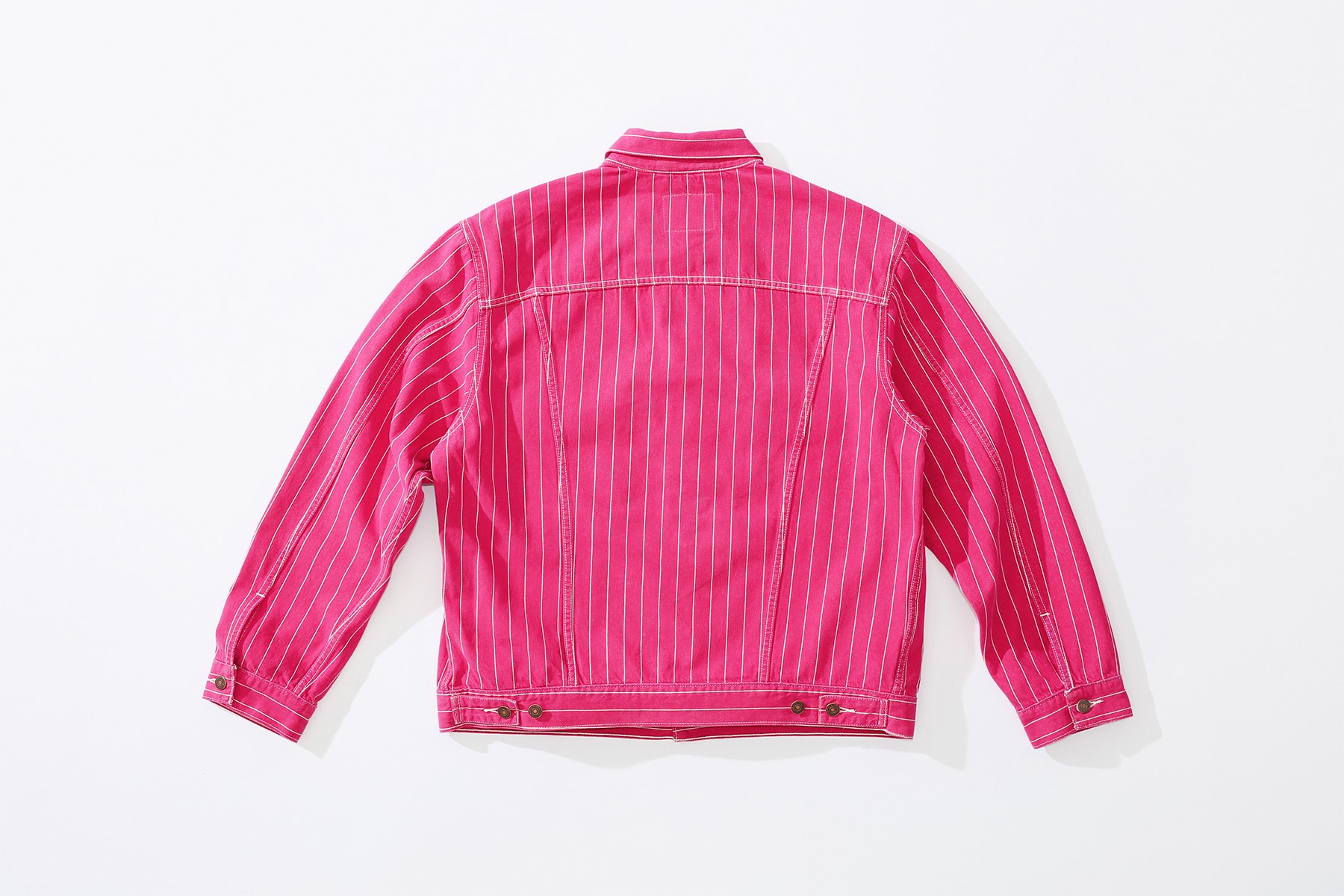 supreme levi's spring 2018 denim collection pink white pinstripe denim jacket stonewashed reverse back