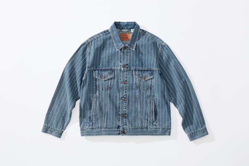 supreme levi's spring 2018 denim collection blue white pinstripe denim jacket stonewashed