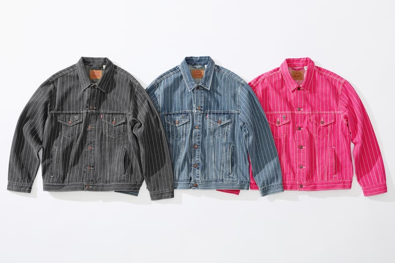 supreme levi's spring 2018 denim collection pink black dark grey blue white pinstripe denim jacket stonewashed