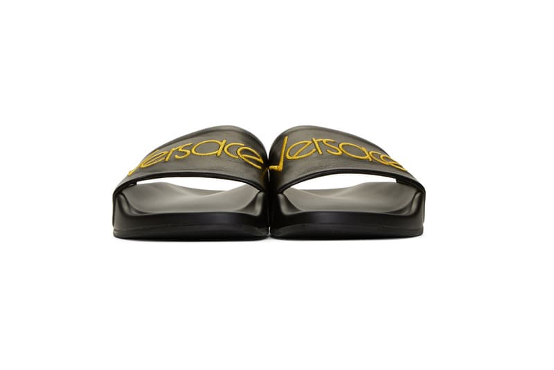 versace black logo tribute slides leather yellow medusa