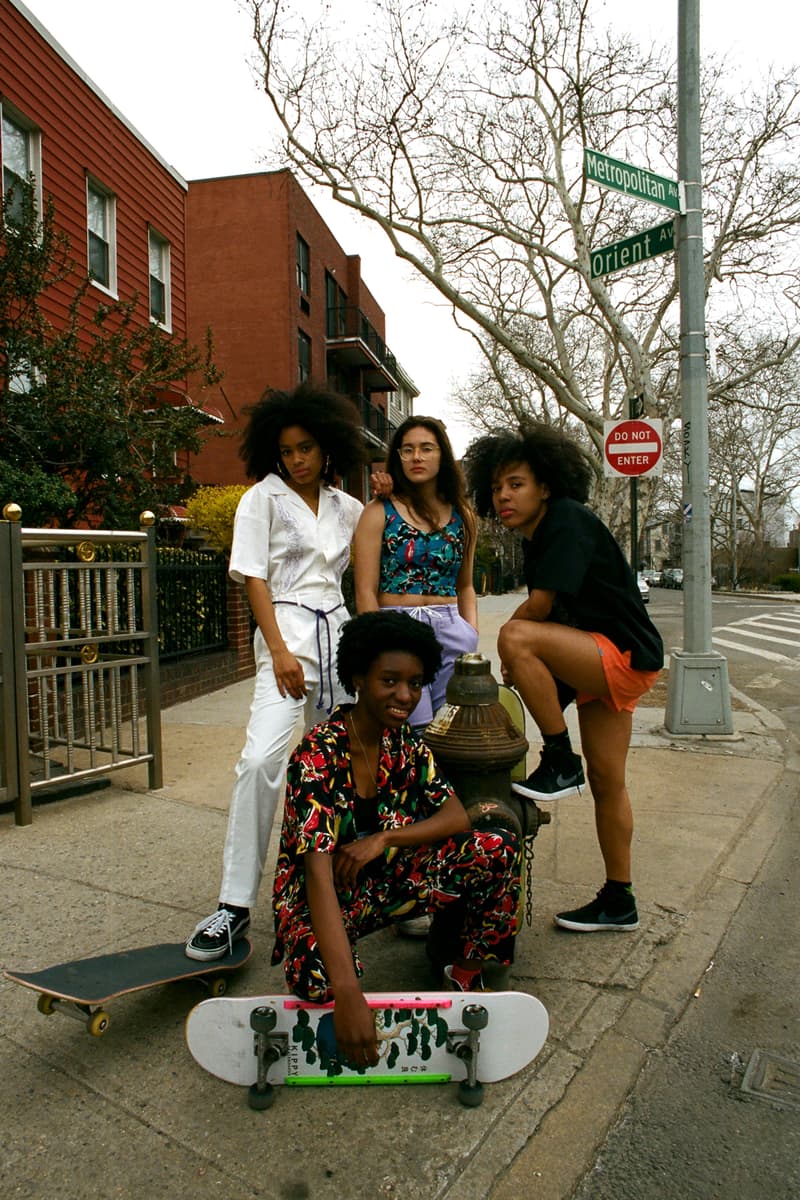 X-Girl Women Skate Collection Lookbook Pants Boiler Suit Collared Shirt Purple White Floral Black Red