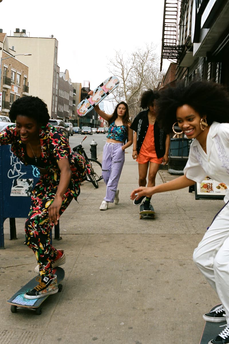 X-Girl Women Skate Collection Lookbook Pants Boiler Suit Collared Shirt Purple White Floral Black Red