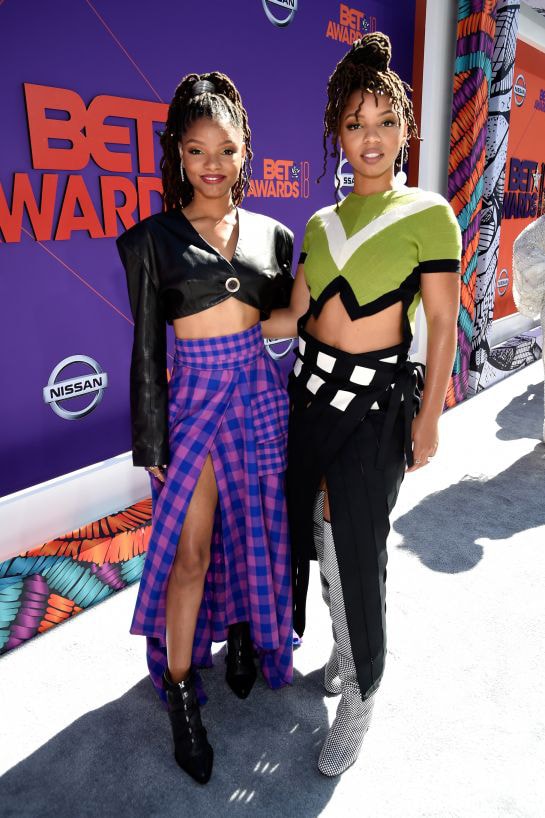 2018 BET Awards Red Carpet Chloe x Halle Cut-Out Tops Skirts Black Green Purple Blue