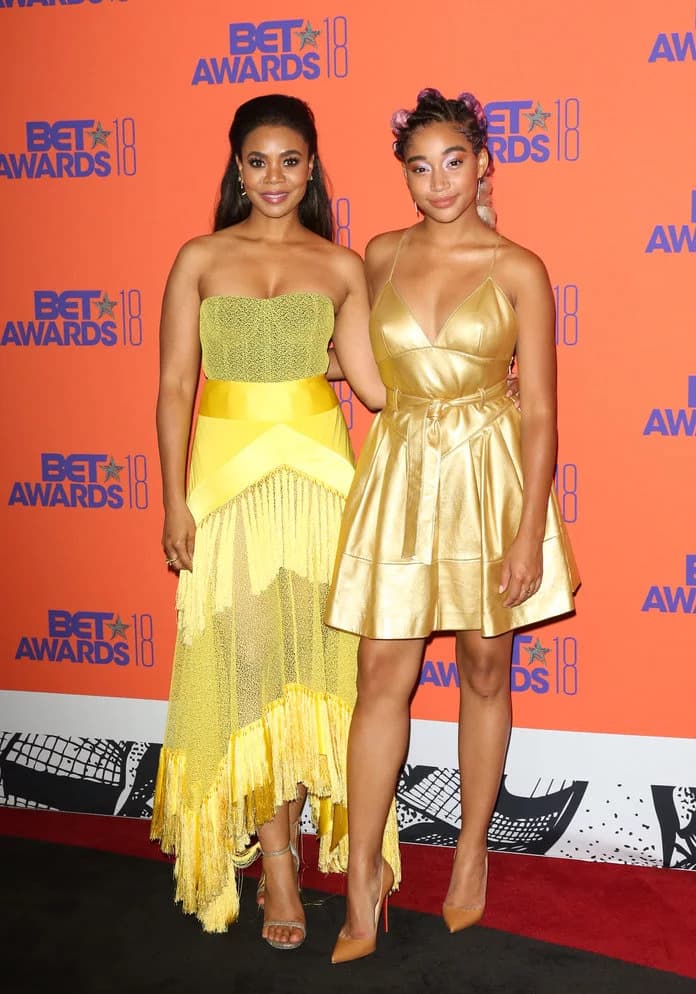 2018 BET Awards Red Carpet Regina Hall Diane Von Furstenberg Dress Amandla Stenberg Miu Miu Dress Yellow Gold