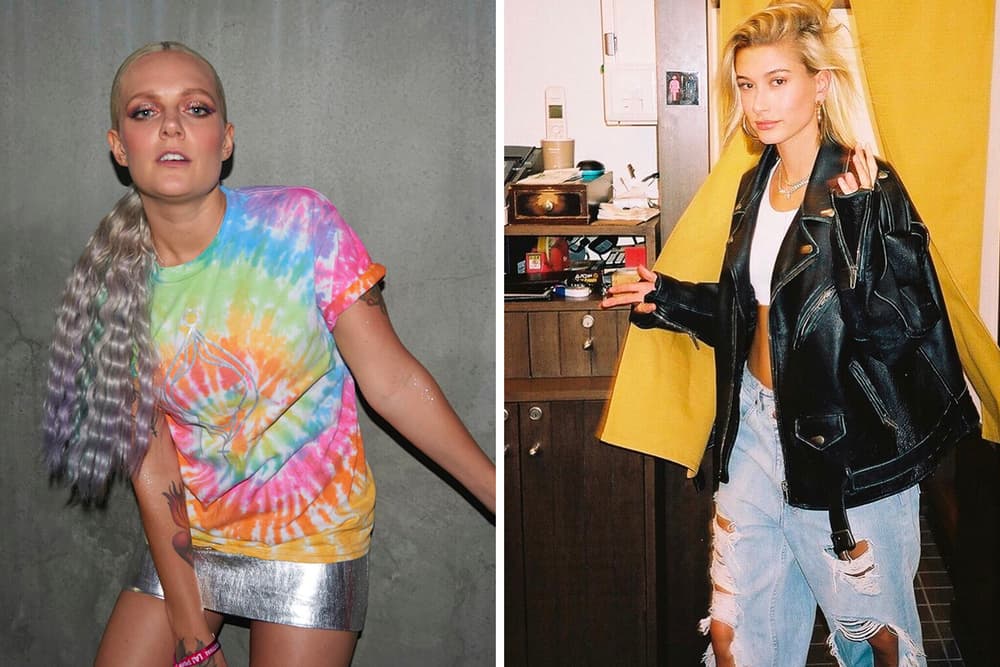 tove lo tie dye pride tee hailey baldwin crop top leather jacket distressed denim jeans