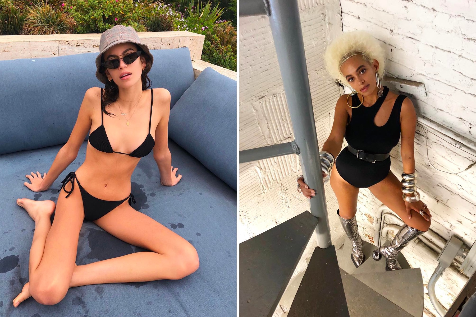 Kaia Gerber Bikini Bucket Hat Solange Black Swimsuit Bodysuit Silver Boots