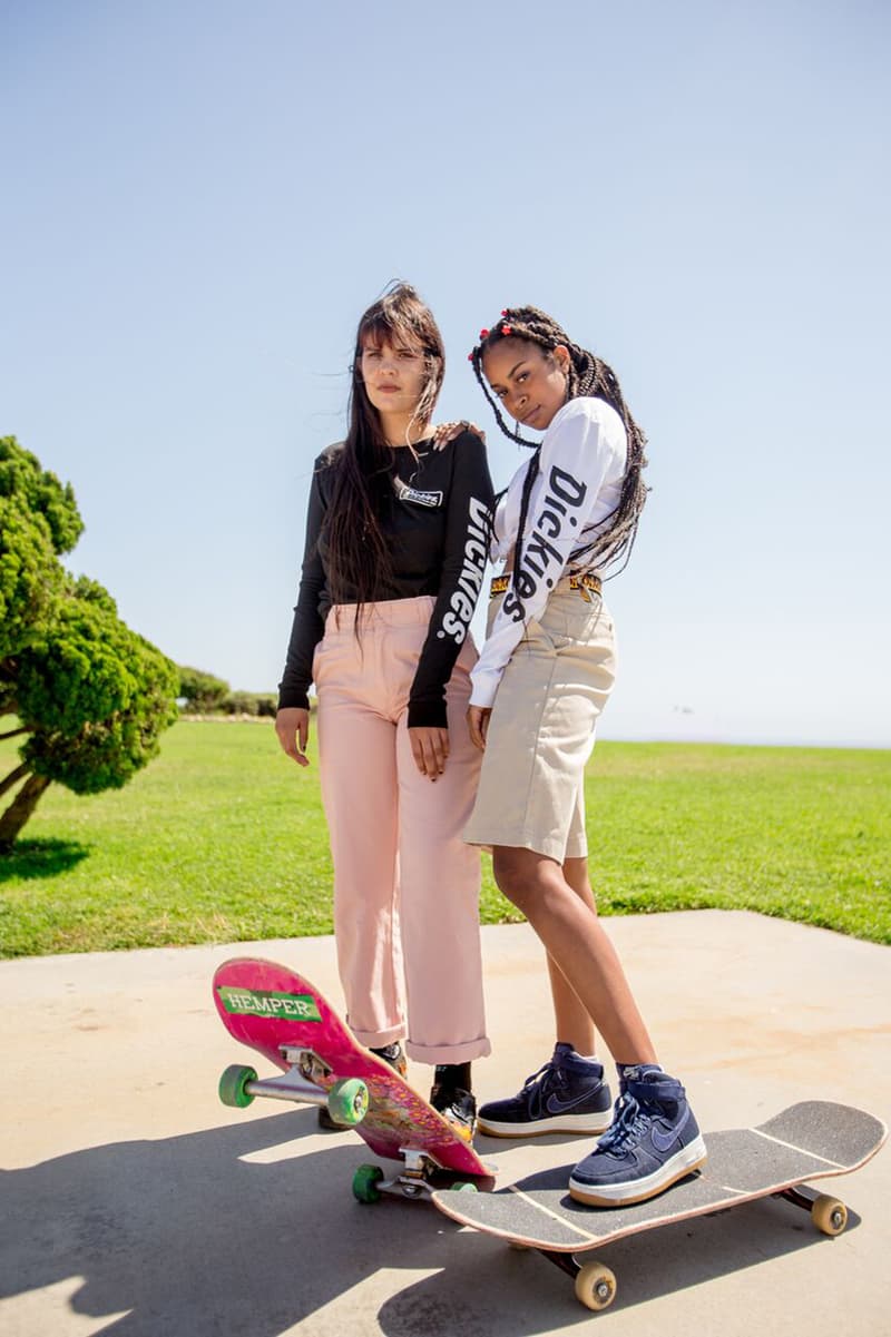Depop x Dickies Girls Capsule Collection Lookbook High Rise Work Pant OG Long Sleeve Tee Work Short Dusty Pink White Black Khaki