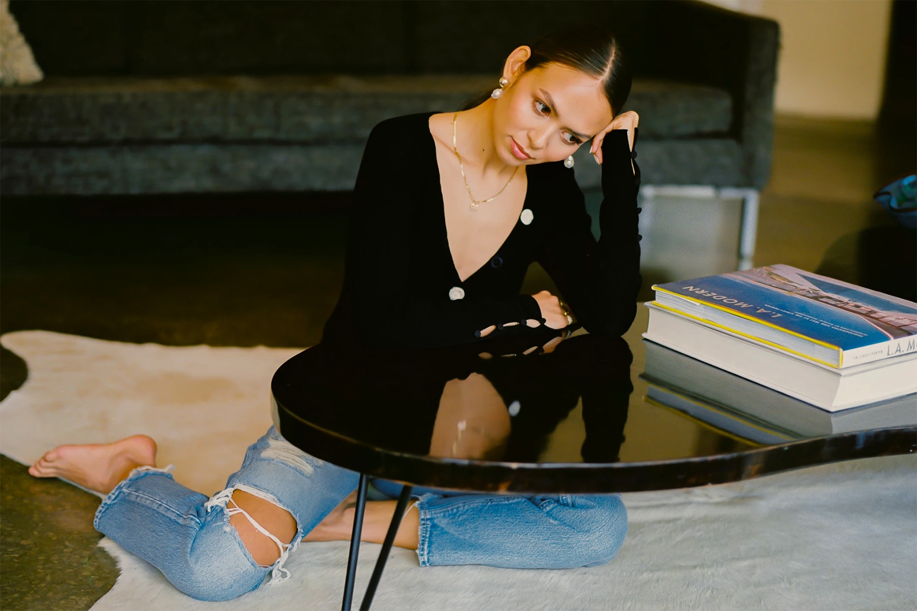 Emily Oberg SSENSE Interview Editorial Black Top Jeans Distressed
