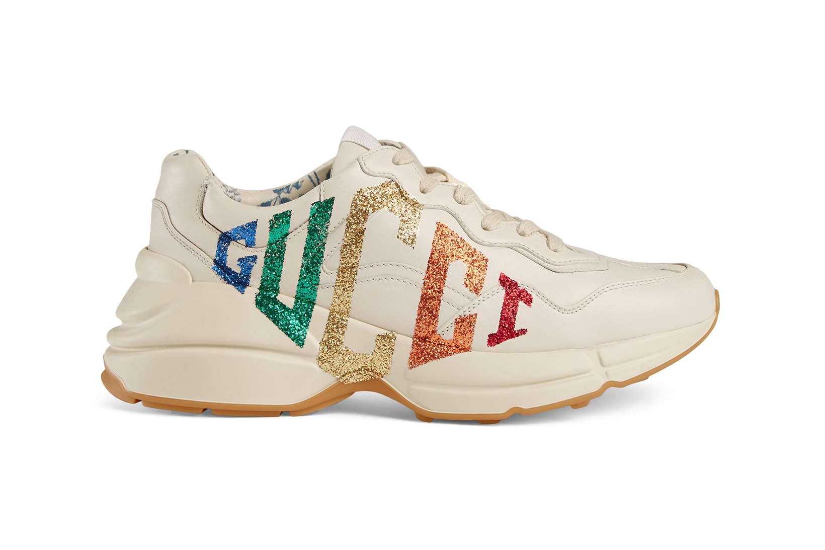 Gucci Rainbow Glitter Logo Rhyton Chunky White Leather Sneakers