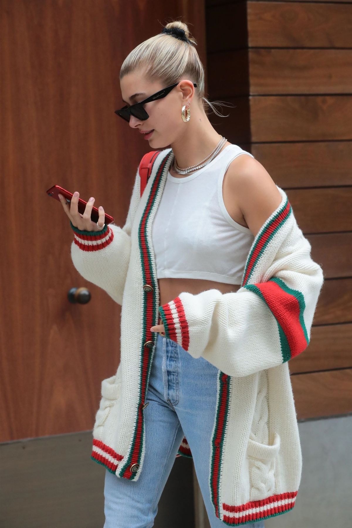 Hailey Baldwin Gucci Cardigan White Red Green Cable Knit Crop Top Supreme Louis Vuitton Bag Celine Sunglasses Hoop Earrings Gold