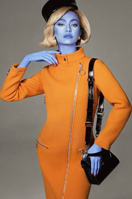 Jeremy Scott Moschino Fall 2018 Illegal Alien Ad Campaign Gigi Hadid Dress Orange