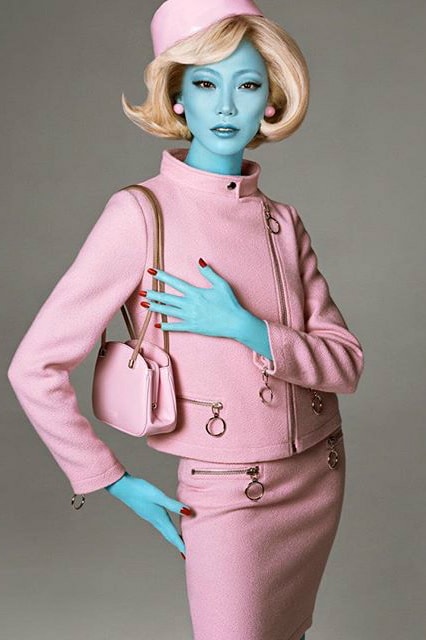 Jeremy Scott Moschino Fall 2018 Illegal Alien Ad Campaign Soo Joo Park Two-Piece Suit Hat Bag Pink