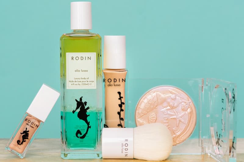 linda rodin mermaid collection luxury luminizer powder body lip oil kabuki brush