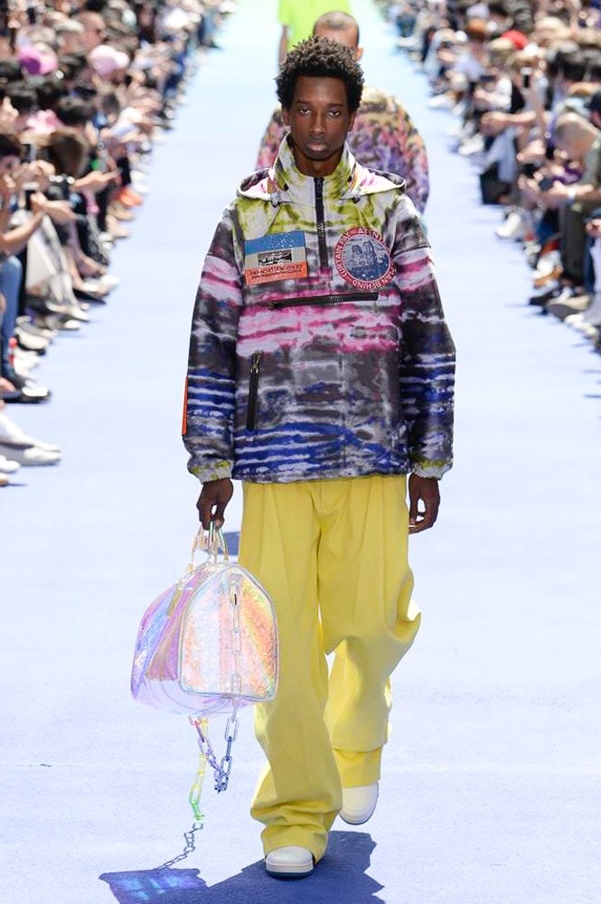 Virgil Abloh Louis Vuitton Paris Fashion Week Men's 2019 Graphic Jacket Yellow Pants Iridescent Holdall Bag