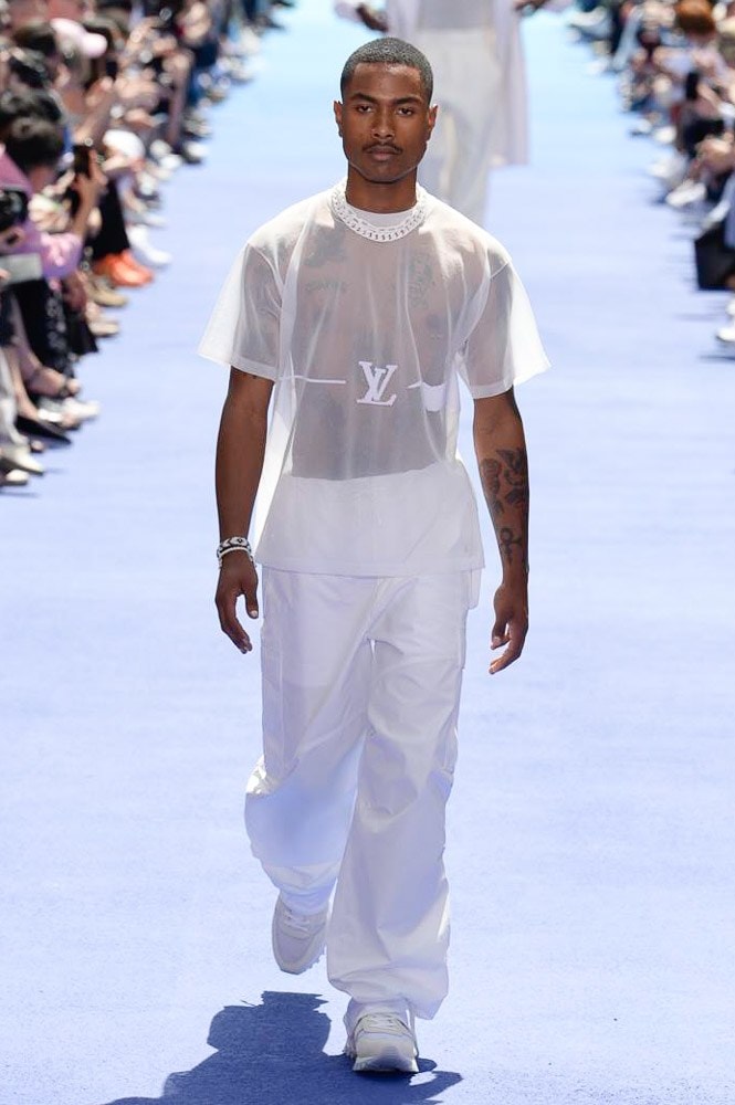 Virgil Abloh Louis Vuitton Paris Fashion Week Men's 2019 All White Look Sheer LV T-Shirt Top