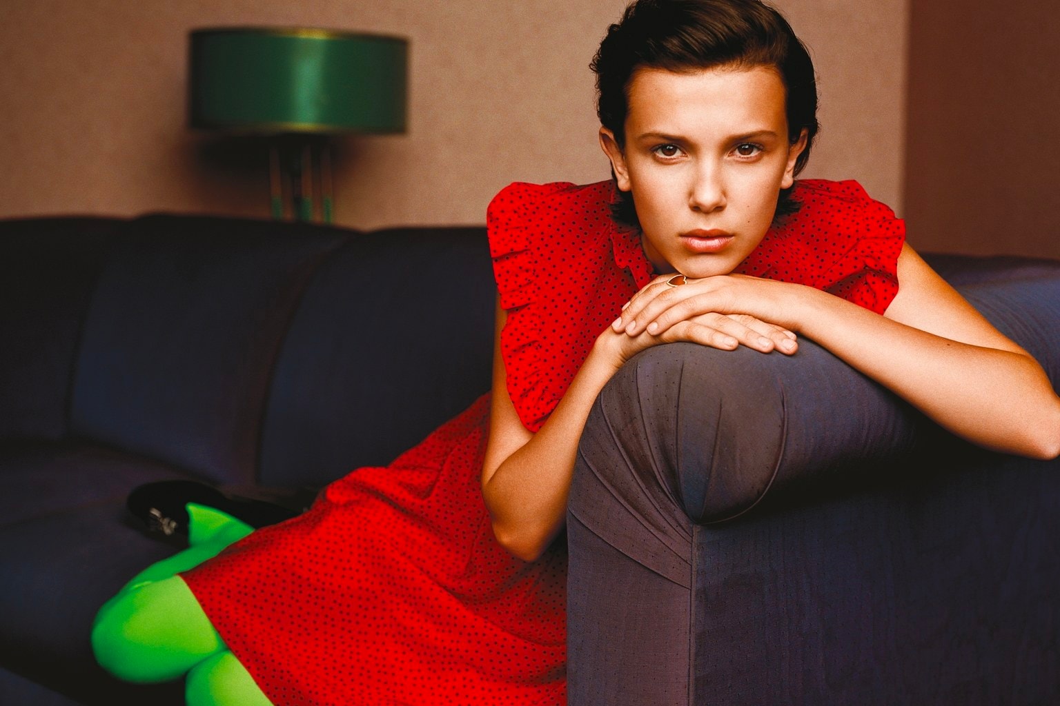 Millie Bobby Brown Red Dress Green Tights W Magazine Stranger Things Actress Eleven