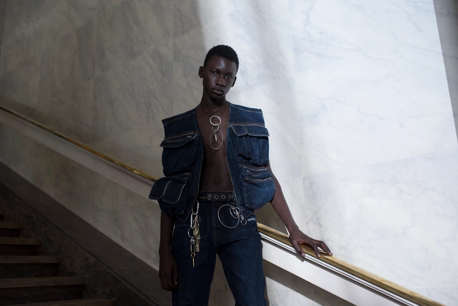 Off-White Virgil Abloh Menswear Spring/Summer 2019 Paris Fashion Week Men's Collection Backstage Denim Vest Blue