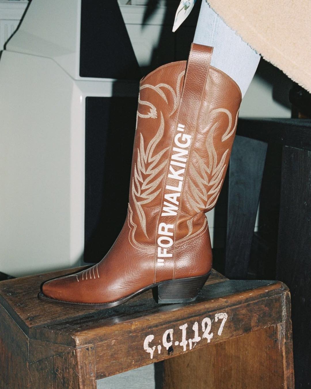 Off-White™ "FOR WALKING" Cowboy Boots in Brown Virgil Abloh Wild West Fashion