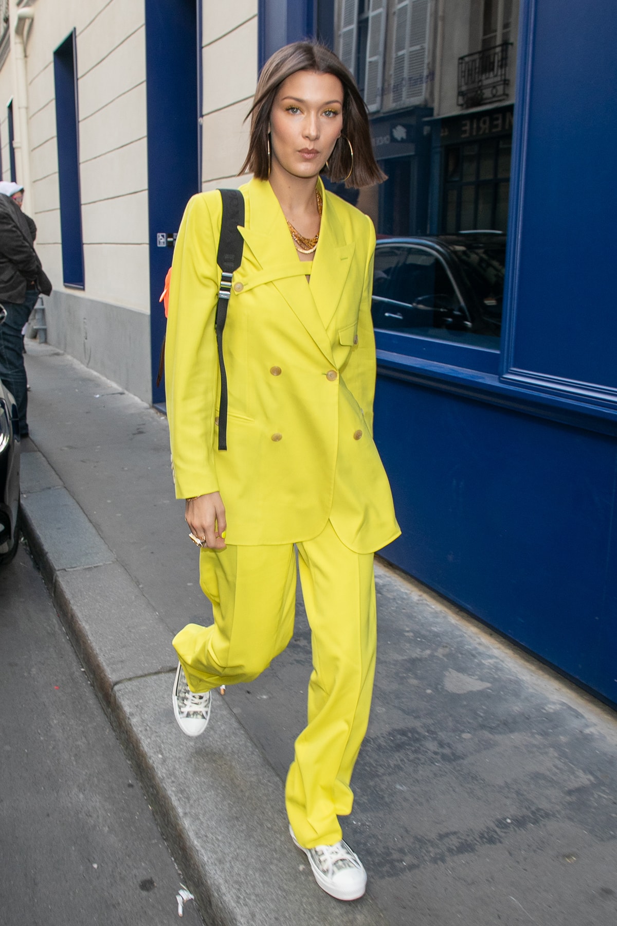 Bella Hadid Dior Homme Men Yellow Suit Fluorescent Prada Backpack Sneakers Paris Fashion Week