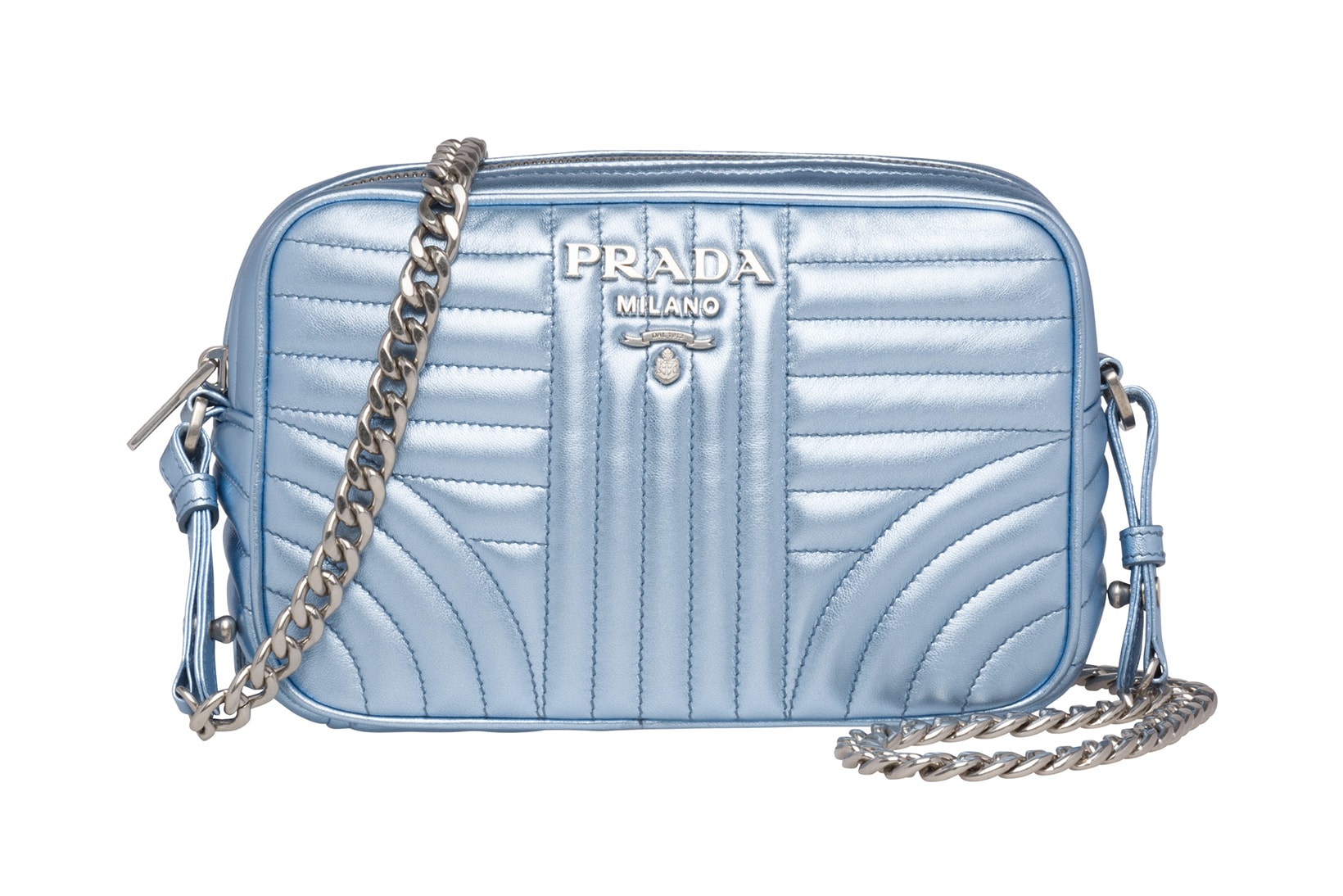 Prada Releases Metallic Diagramme Shoulder Bag Periwinkle Blue Silver Chrome Champagne Pyrite