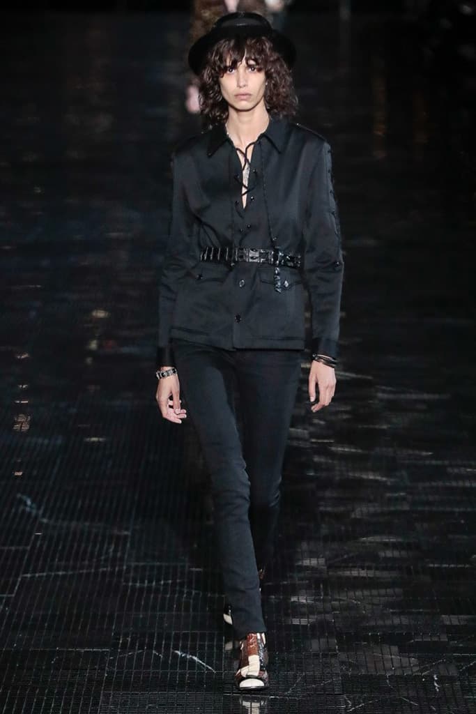 Saint Laurent Spring 2019 Menswear Runway Show Kaia Gerber Binx Walton Unisex Fashion Week Collection Rock Accessories Leather Texture