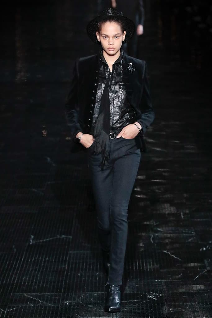 Saint Laurent Spring 2019 Menswear Runway Show Kaia Gerber Binx Walton Unisex Fashion Week Collection Rock Accessories Leather Texture