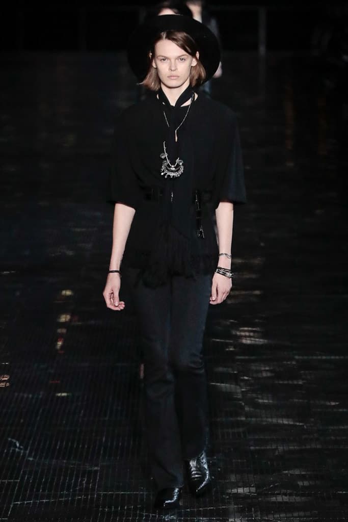 Saint Laurent Spring 2019 Menswear Runway Show Kaia Gerber Binx Walton Unisex Fashion Week Collection Rock Accessories Leather Texture