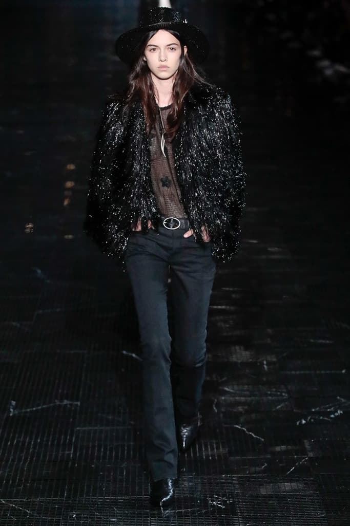 Saint Laurent Spring 2019 Menswear Runway Show Kaia Gerber Binx Walton Unisex Fashion Week Collection Rock Accessories Leather Texture