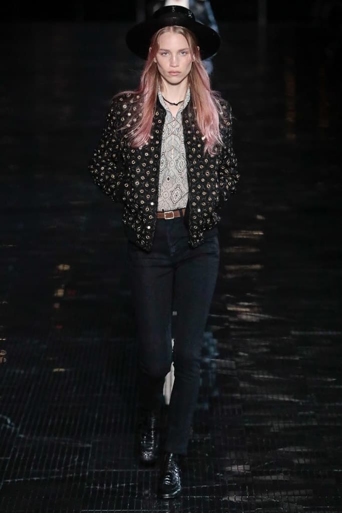 Saint Laurent Spring 2019 Menswear Runway Show Kaia Gerber Binx Walton Unisex Fashion Week Collection Rock Accessories Leather Texture