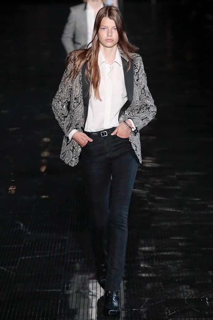 Saint Laurent Spring 2019 Menswear Runway Show Kaia Gerber Binx Walton Unisex Fashion Week Collection Rock Accessories Leather Texture