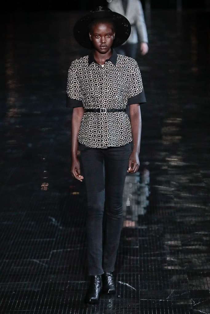 Saint Laurent Spring 2019 Menswear Runway Show Kaia Gerber Binx Walton Unisex Fashion Week Collection Rock Accessories Leather Texture