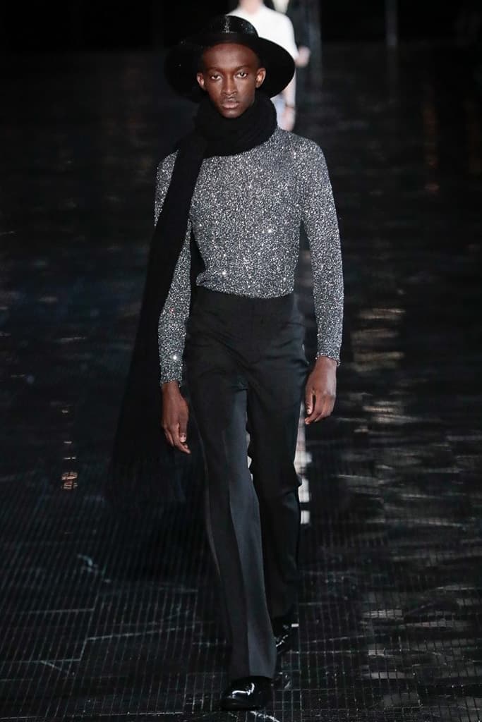 Saint Laurent Spring 2019 Menswear Runway Show Kaia Gerber Binx Walton Unisex Fashion Week Collection Rock Accessories Leather Texture