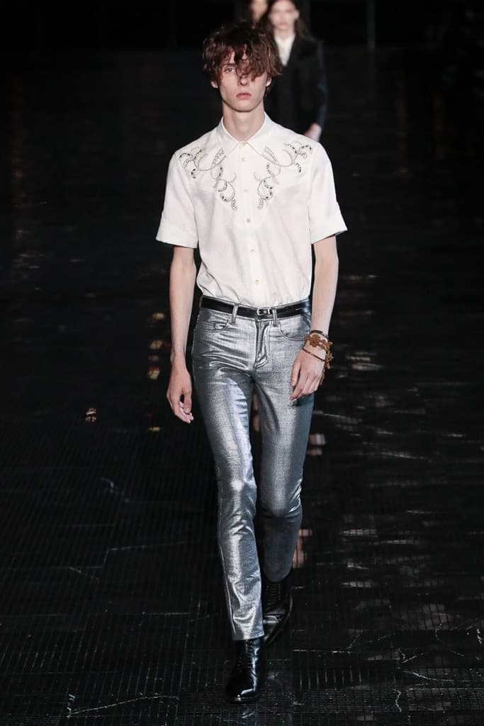 Saint Laurent Spring 2019 Menswear Runway Show Kaia Gerber Binx Walton Unisex Fashion Week Collection Rock Accessories Leather Texture