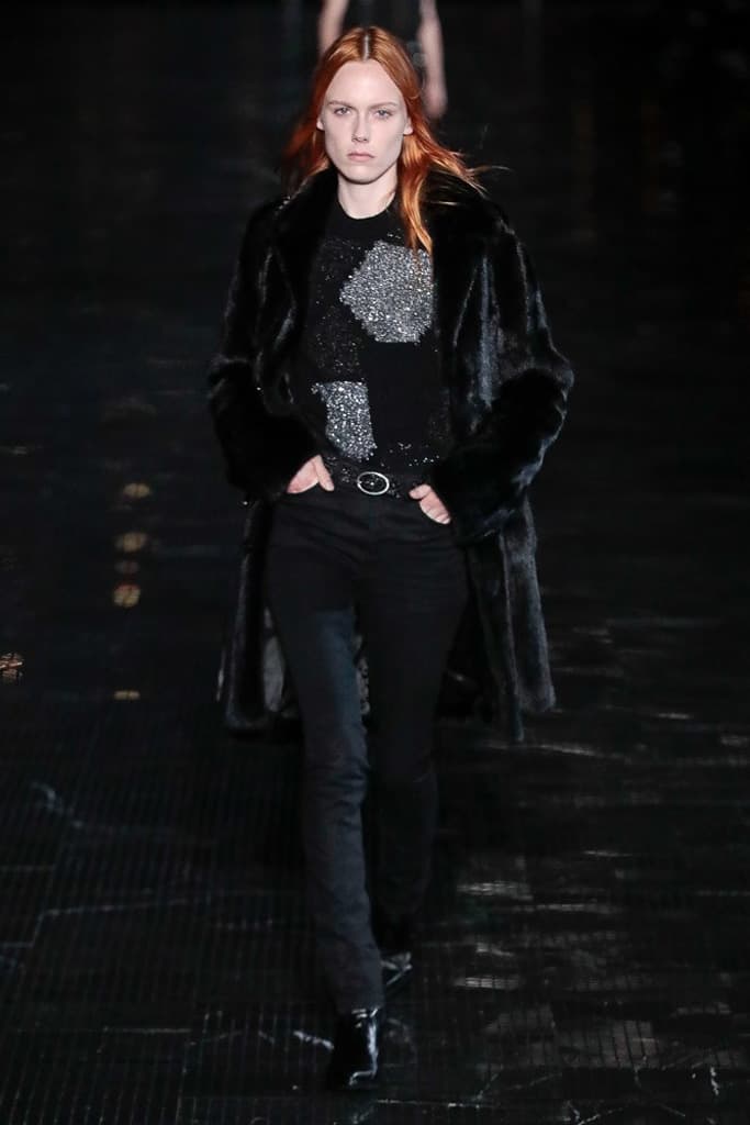 Saint Laurent Spring 2019 Menswear Runway Show Kaia Gerber Binx Walton Unisex Fashion Week Collection Rock Accessories Leather Texture