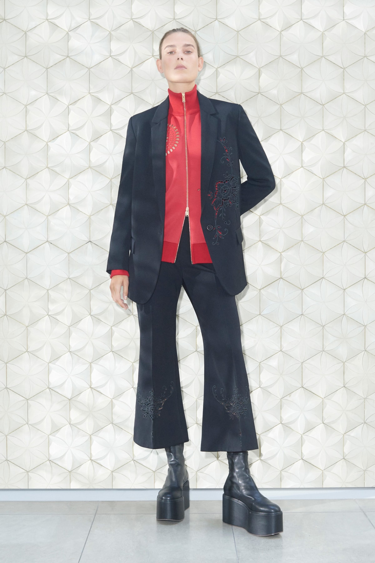 Stella McCartney Spring/Summer 2019 Collection Lookbook Blazer Cropped Trousers Platform Shoes Turtleneck Top Black Red
