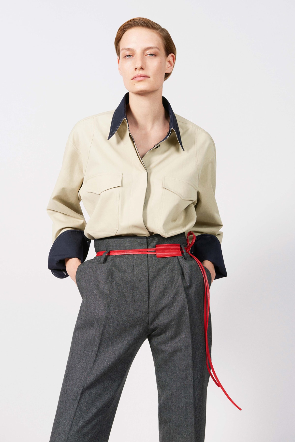Victoria Beckham Resort 2019 Collection Lookbook Collared Shirt Tan Trousers Grey Leather Belt Red
