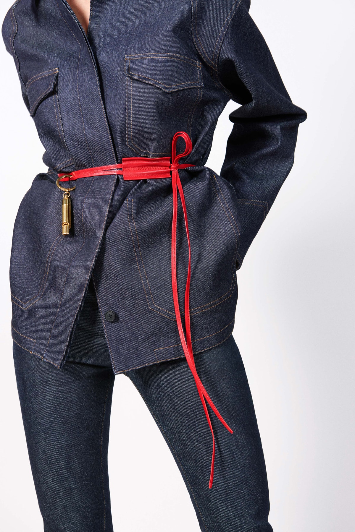 Victoria Beckham Resort 2019 Collection Lookbook Denim Jacket Jeans Leather Belt Red Gold