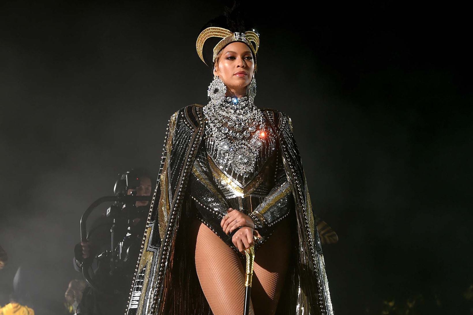Beyonce Coachella Weekend 1 Bodysuit Crown Cloak Black Silver Gold