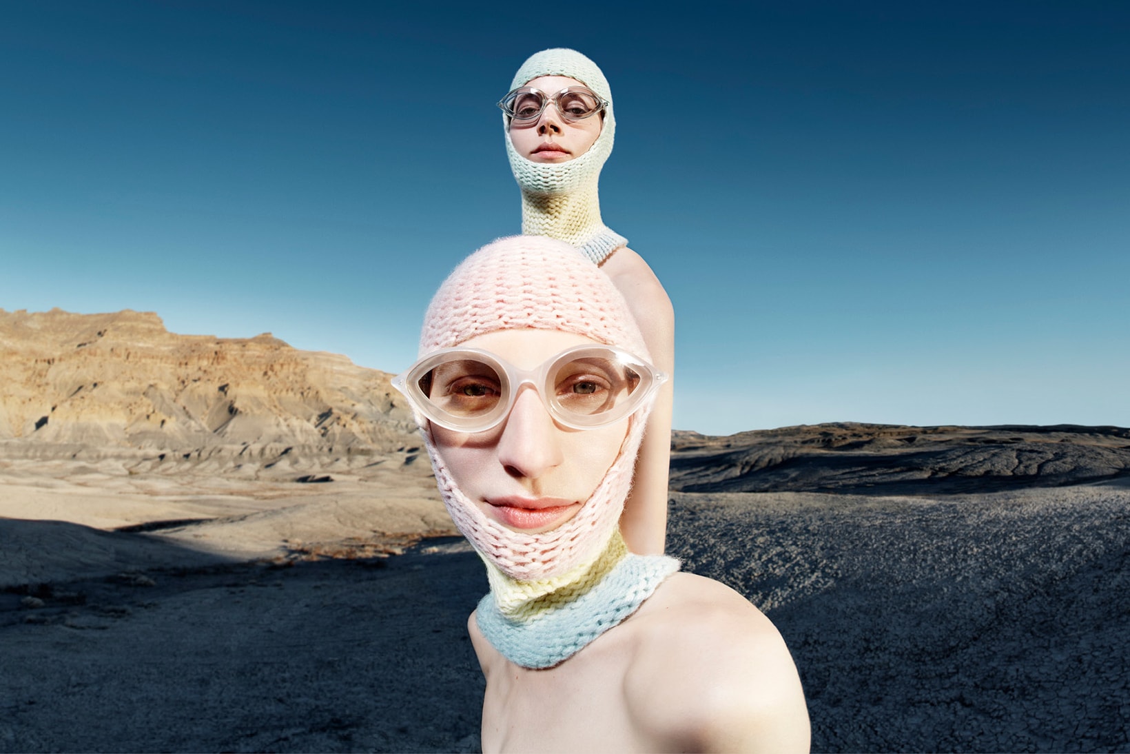CALVIN KLEIN 205W39NYC Fall 2018 Campaign Knit Masks Pink Blue Oversized Sunglasses Clear