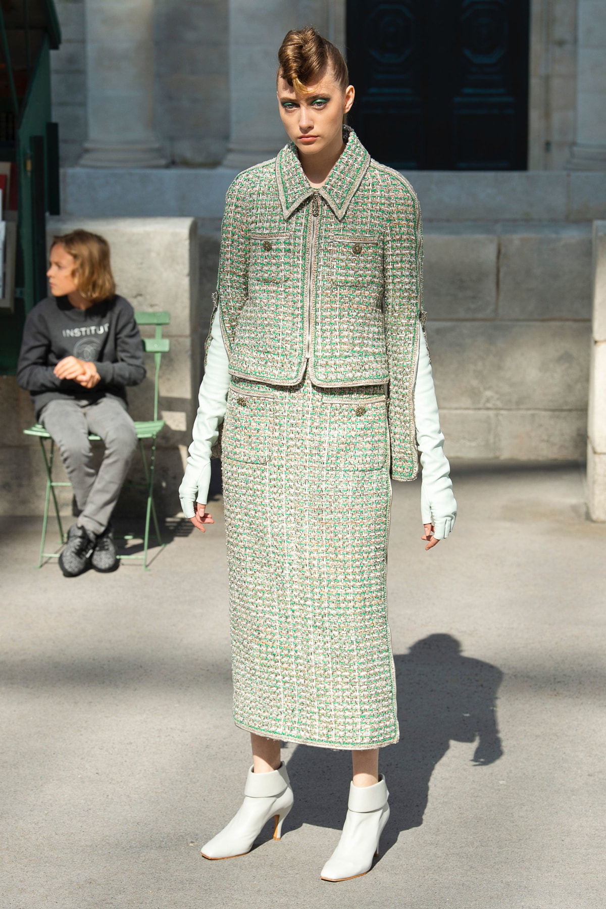 Chanel Fall 2018 Couture Show Collection Jacket Skirt Mint Green Boots White