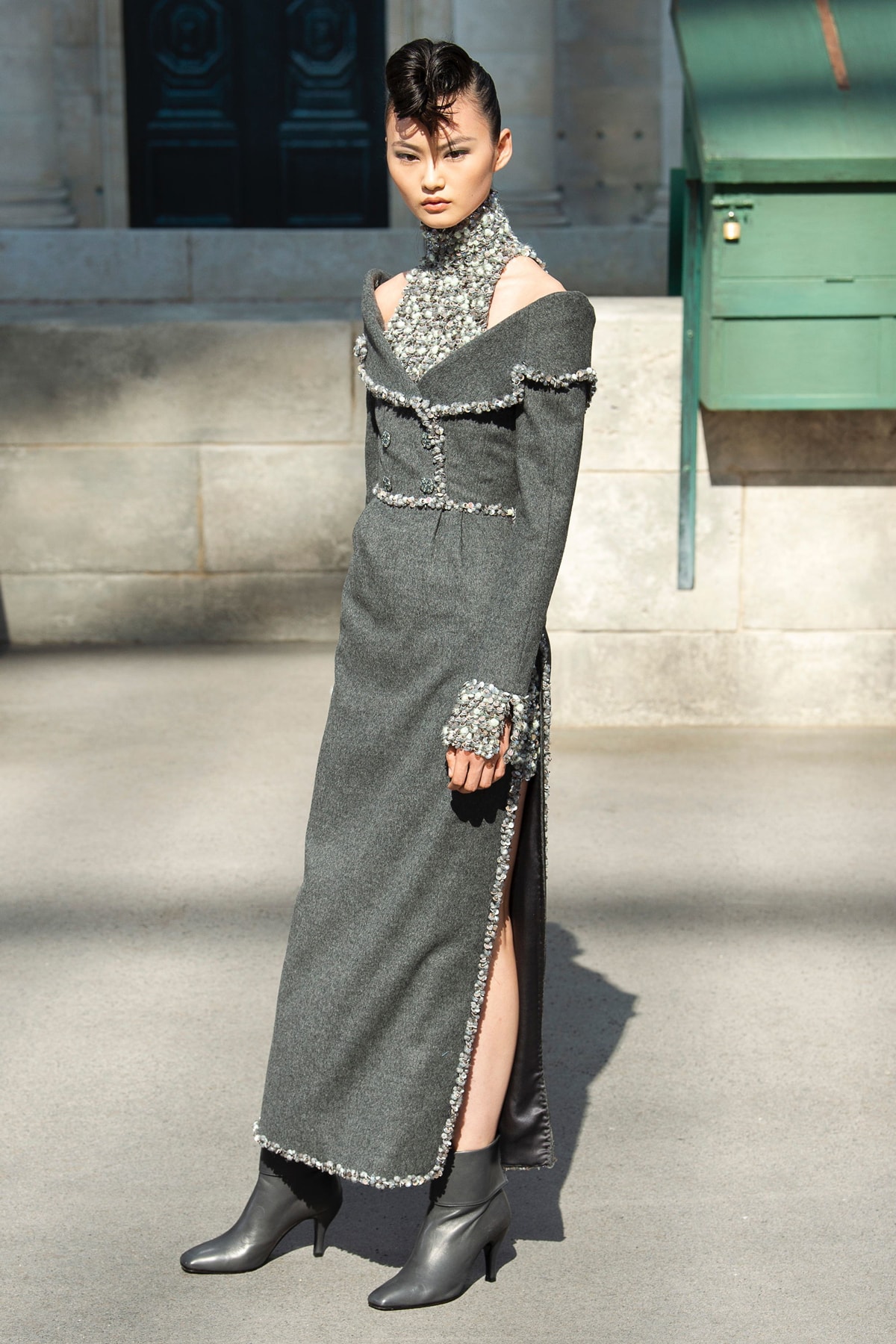 Chanel Fall 2018 Couture Show Collection Long Dress Boots Grey