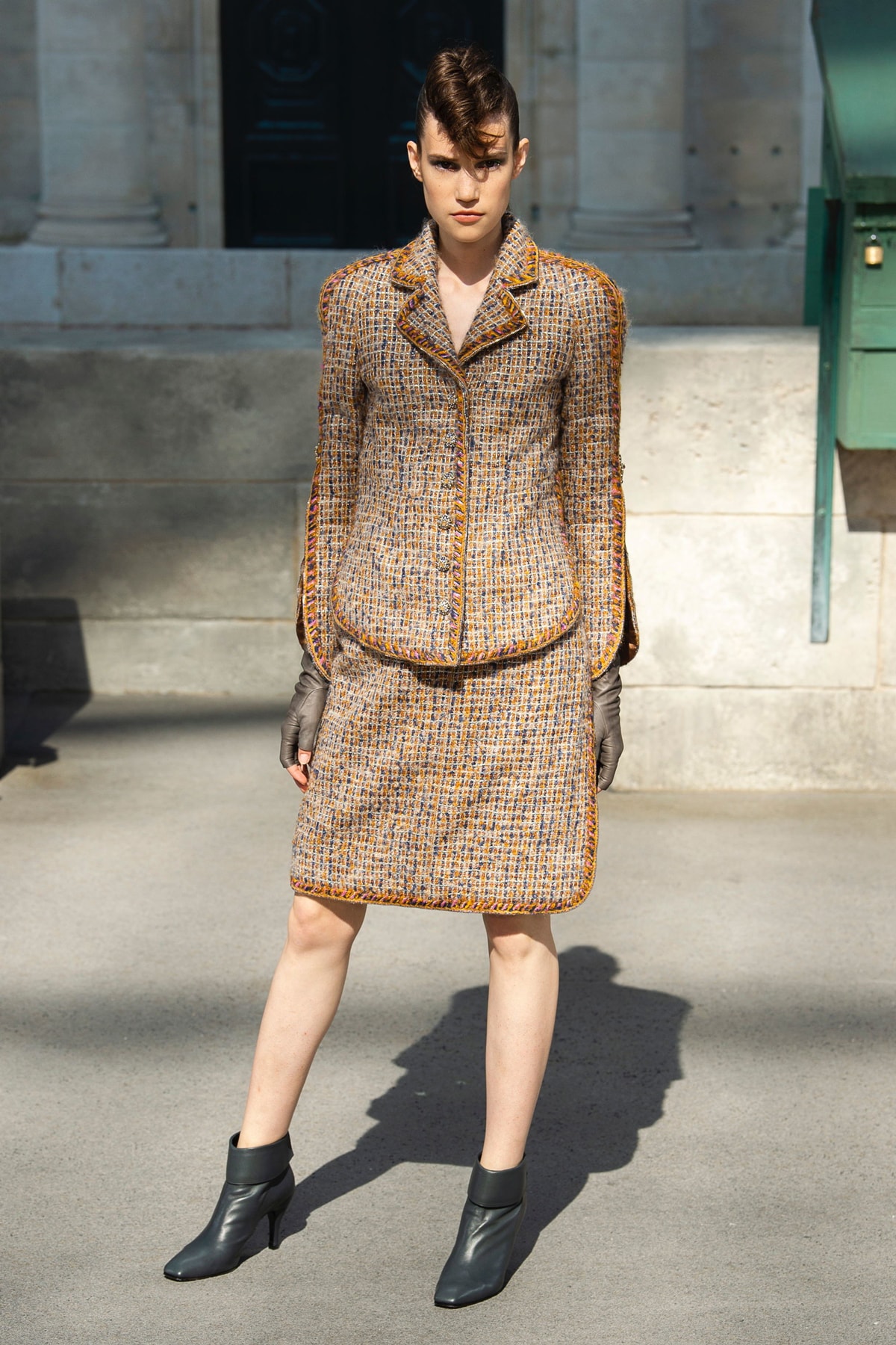 Chanel Fall 2018 Couture Show Collection Blazer Skirt Orange Brown Boots Black