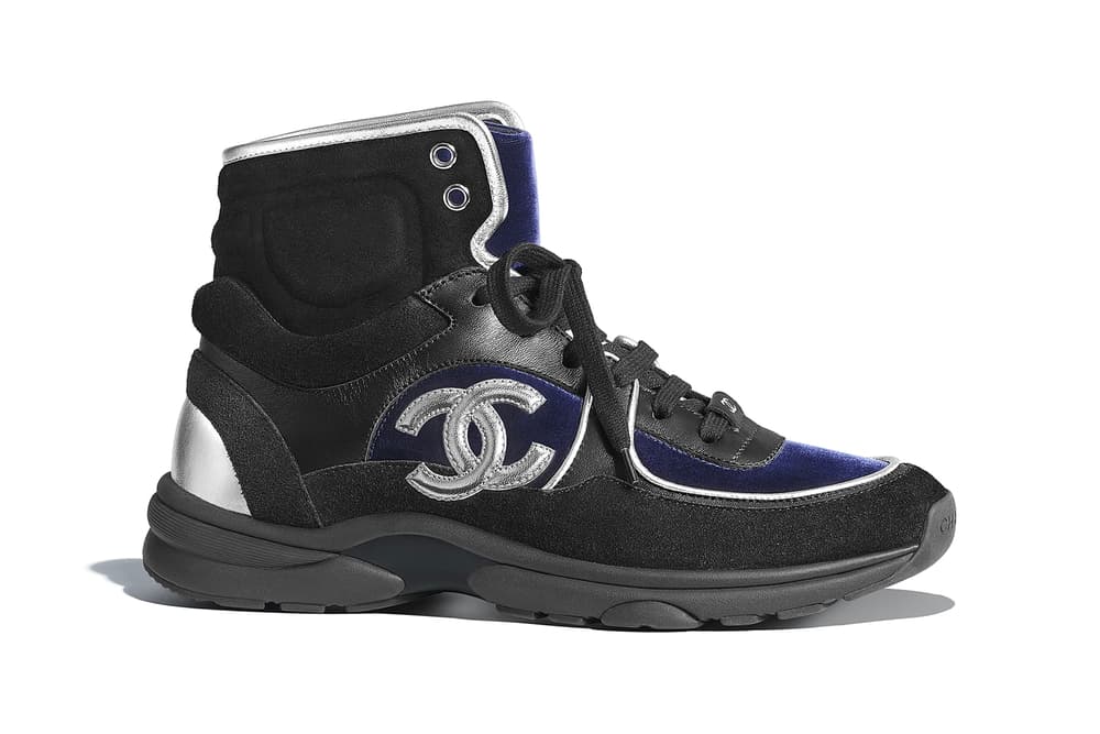 chanel metiers d'art sneaker logo high-top calfskin velvet black navy blue white