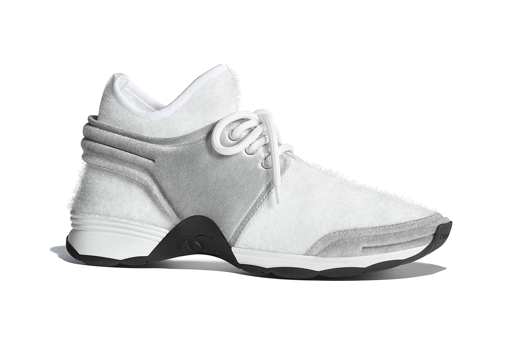 chanel metiers d'art sneaker logo stretch fabric velvet grey white
