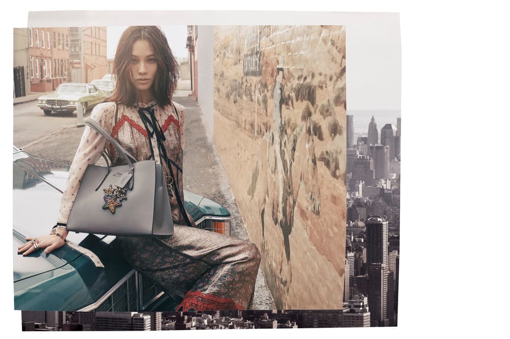 Kiko Mizuhara Coach Fall 2018 Campaign Floral Dress Pink Leather Handbag Grey