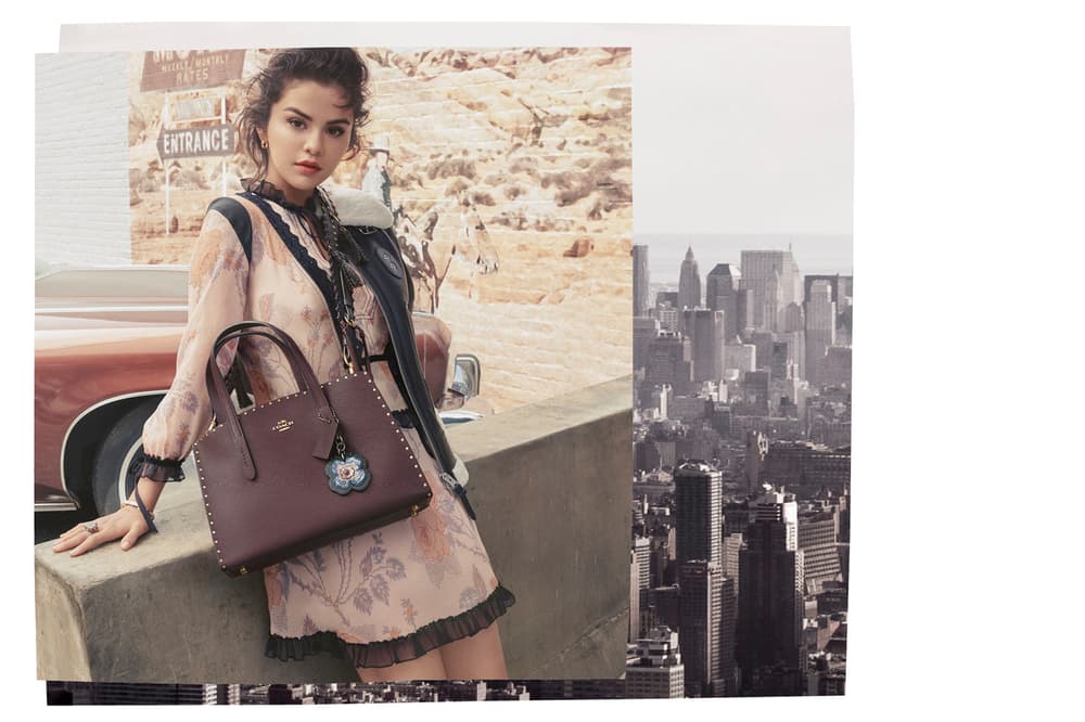 Selena Gomez Coach Fall 2018 Campaign Floral Dress Pink Charlie Bag Maroon